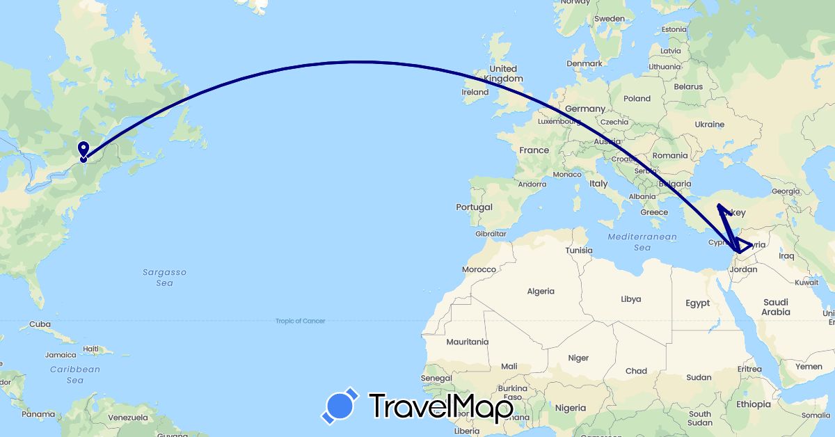 TravelMap itinerary: driving in Canada, Lebanon, Syria, Turkey (Asia, North America)